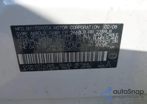 2008 Lexus Es 350 from USA, damaged, VIN JTHBJ46G282221213